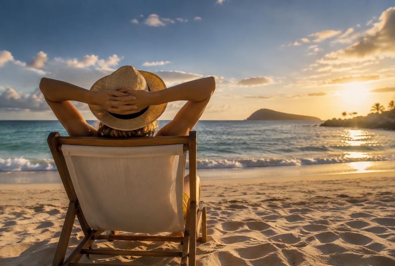 Someone relaxing in a beach chair facing the ocean at sunset
